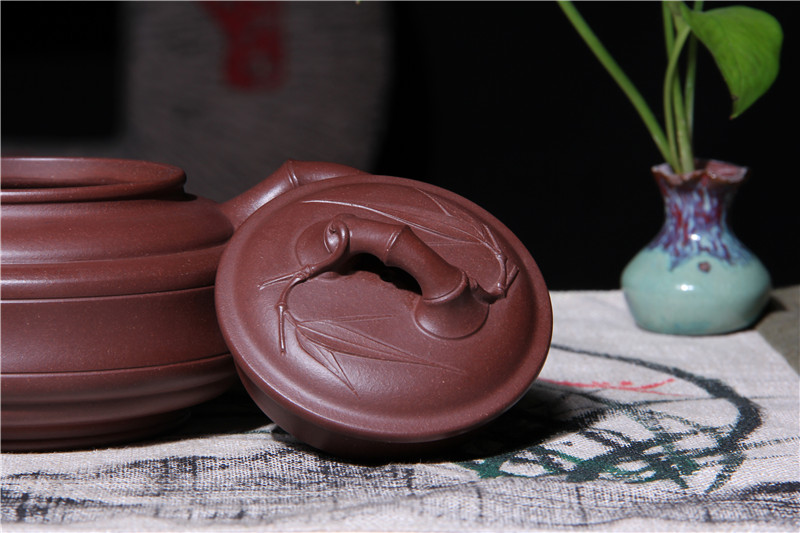 宜兴紫砂壶 | 双线竹鼓_泥料：紫泥_容量：330cc